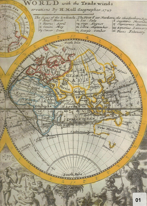 . Map of the world, 1727 showing the route of Vlamingh's expedition